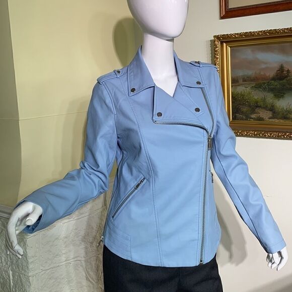 Thyme Maternity & After Baby Blue Faux Leather Motorcycle Jacket - Picture 2 of 16